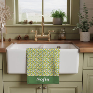 Lemon yellow pattern custom name white tea towel