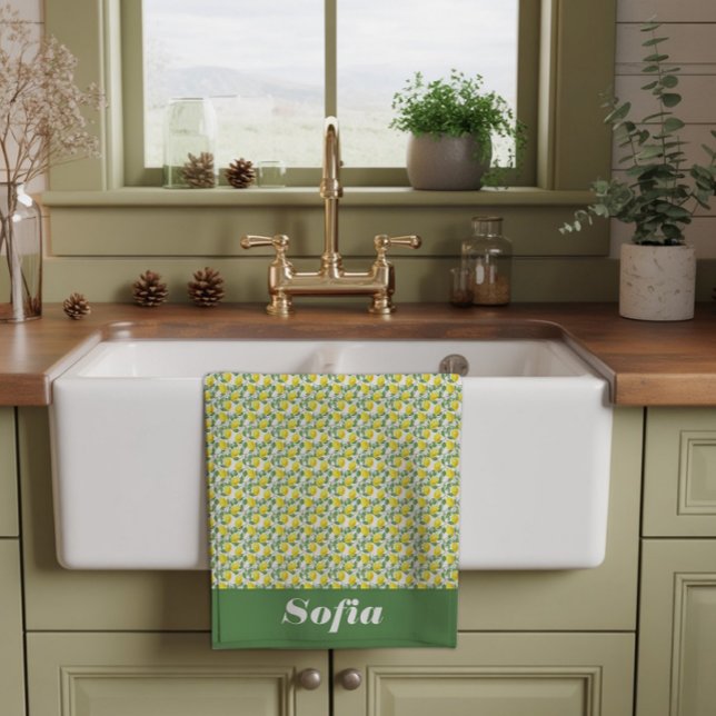 Lemon yellow pattern custom name  white tea towel (Creator Uploaded)