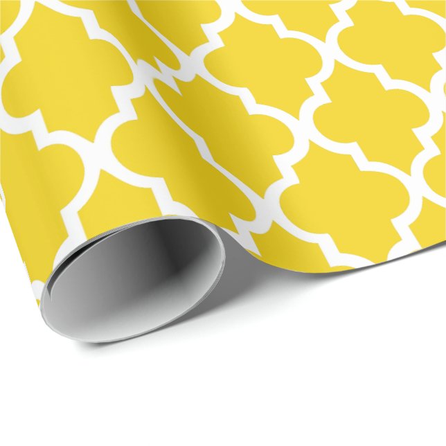 Lemon Yellow Quatrefoil Tiles Pattern Wrapping Paper (Roll Corner)