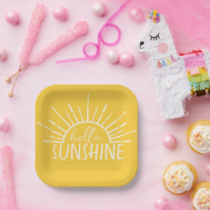 Lemon Yellow Simple Modern Hello Sunshine Paper Plate