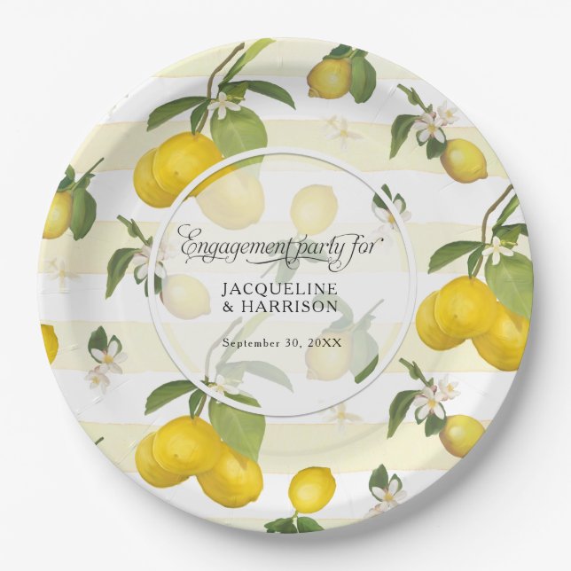 Lemon Yellow Stripe Citrus Floral Engagement Party Paper Plate (Front)