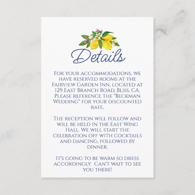 Lemon Yellow Summer Elegant Wedding Details Enclosure Card (Front)