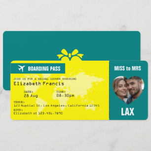 Lemon Yellow & Teal Boarding Pass Bridal Shower Invitation