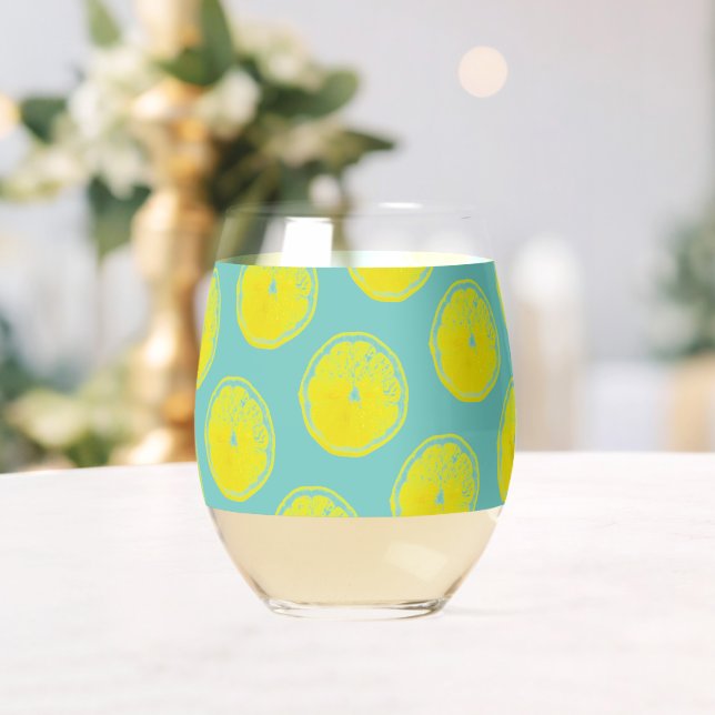 Lemon Yellow Teal Green Love 4Annie Stemless Wine Glass (Insitu (Wedding))