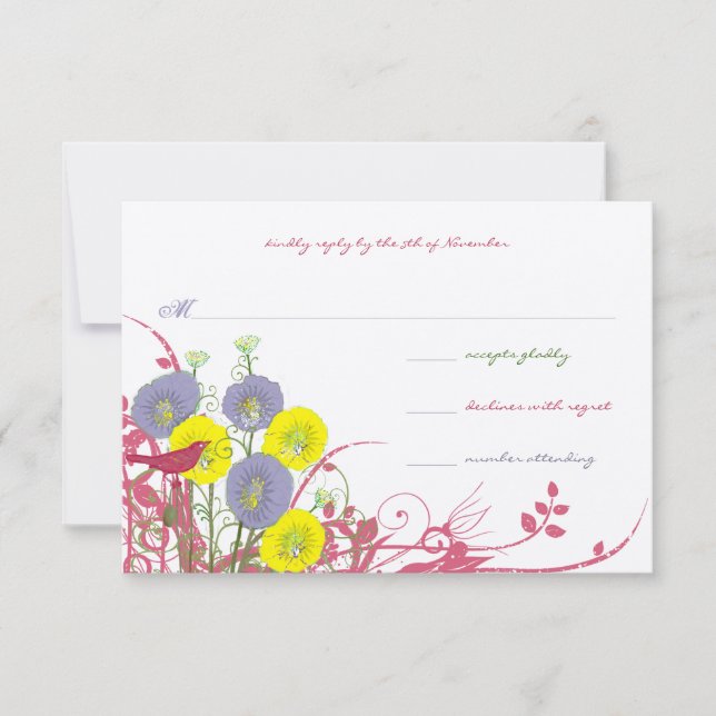 Lemon Yellow Violet Deep Pink Wild Flower Wedding RSVP Card (Front)