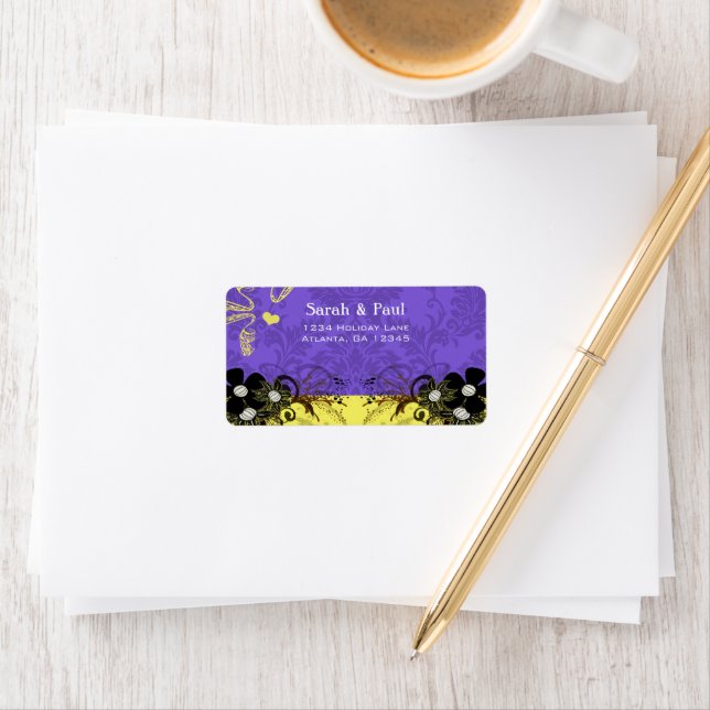 Lemon Yellow & Violet Flower Swirl Return Address Label (Insitu)
