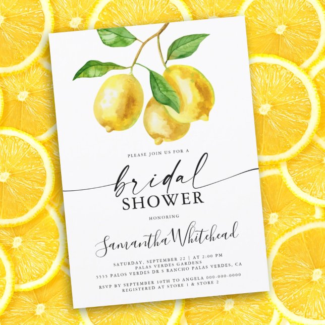 Lemon Yellow Watercolor Bridal Shower Invitation (Lemon citrus watercolor bridal shower invitation. This card is perfect for the summer bride to be.)