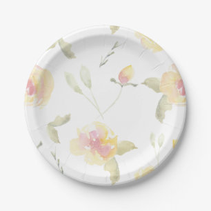 Lemon Yellow Watercolor Flowers Bridal Shower Paper Plate