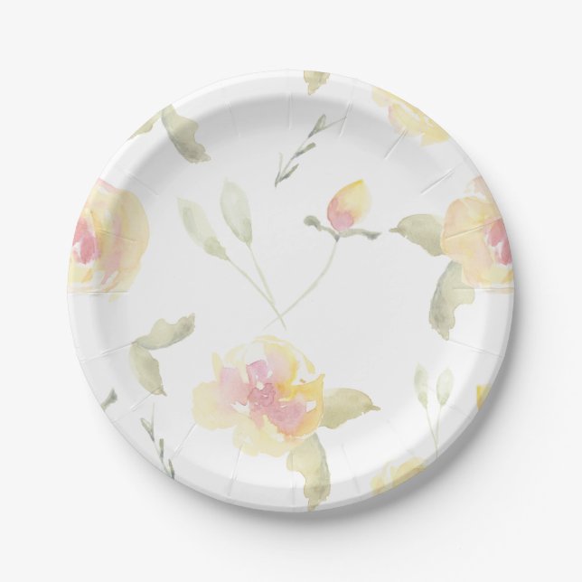 Lemon Yellow Watercolor Flowers Bridal Shower Paper Plate (Front)