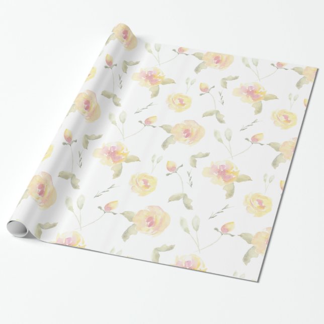 Lemon Yellow Watercolor Flowers Bridal Shower Wrapping Paper (Unrolled)