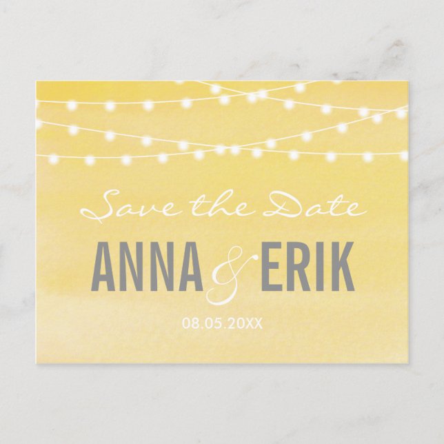 Lemon Yellow Watercolor Stringlights Save The Date Announcement Postcard (Front)