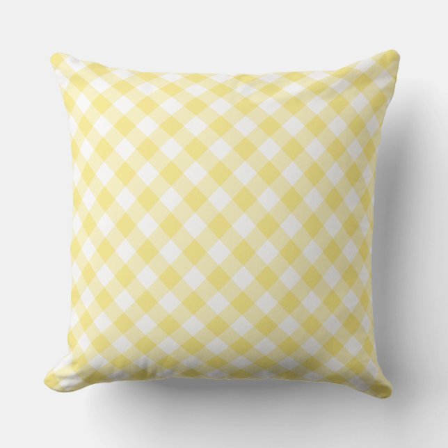 Lemon Yellow White Diagonal Check Gingham Pattern Cushion (Front)