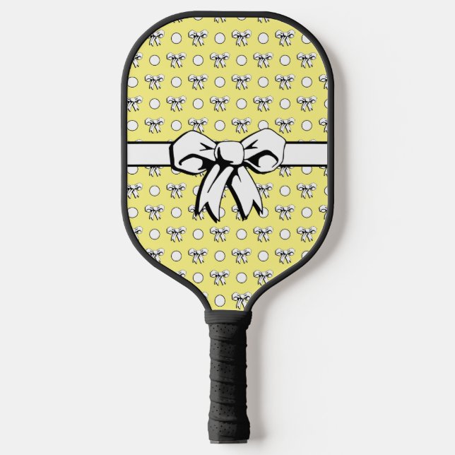 Lemon Yellow White Polka Dots Bows Pickleball Paddle (Front)