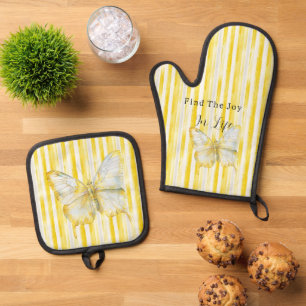 Lemon Yellow White Stripes Butterfly Find Joy Oven Mitt & Pot Holder Set