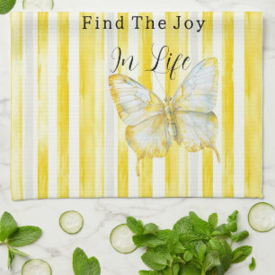 Lemon Yellow White Stripes Butterfly Find Joy Tea Towel