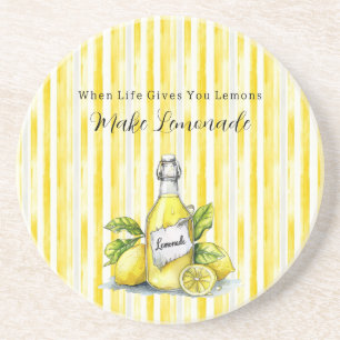 Lemon Yellow White Stripes Coaster