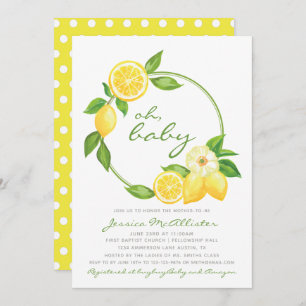 Lemon Yellow Wreath Citrus Polkadot Baby Shower Invitation