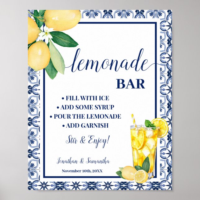 Lemonade Bar Blue Mediterranean Lemons Sign (Front)