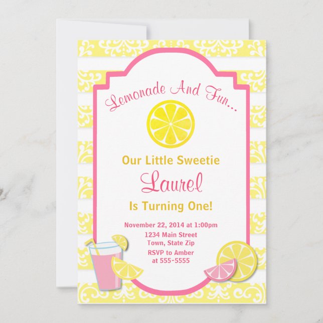 Lemonade Birthday Invitation Pink Lemonade (Front)