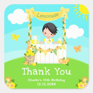 Lemonade Black Hair Boy Birthday Thank You Square Sticker