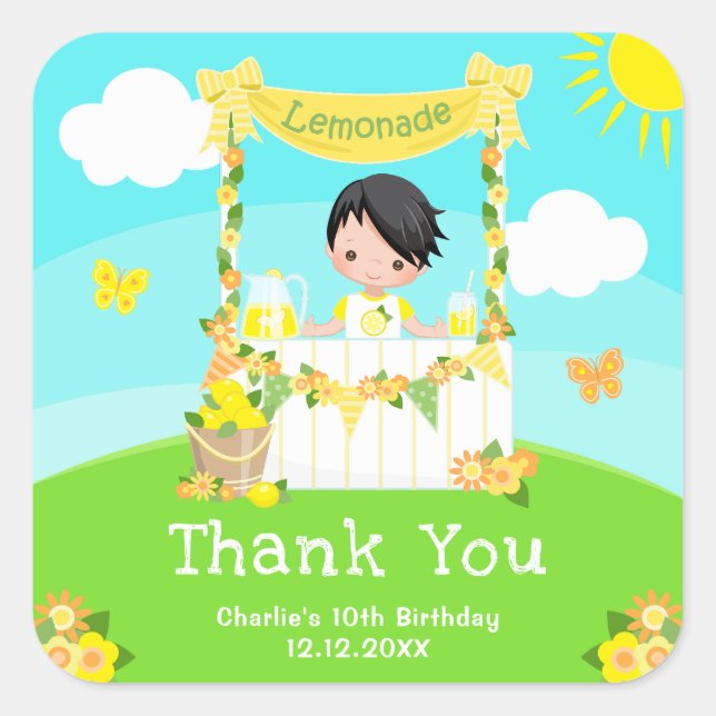 Lemonade Black Hair Boy Birthday Thank You Square Sticker (Front)