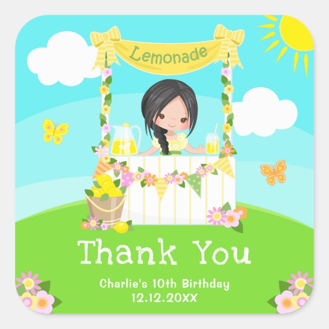 Lemonade Black Hair Girl Birthday Thank You Square Sticker (Front)