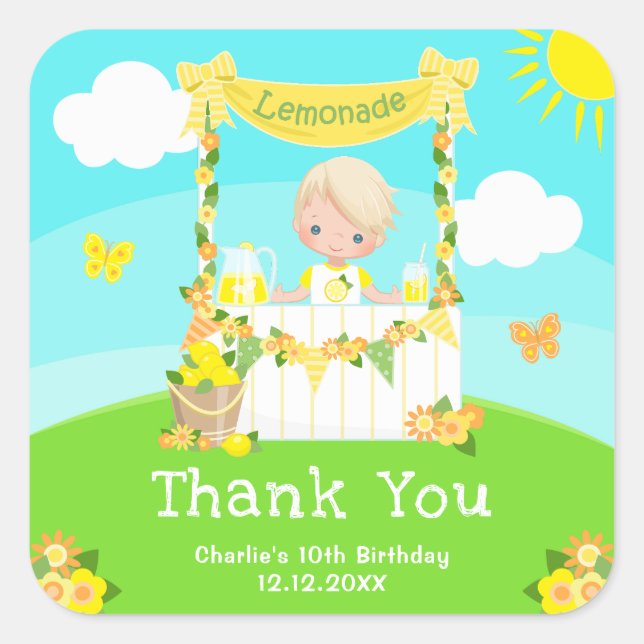 Lemonade Blonde Hair Boy Birthday Thank You Square Sticker (Front)