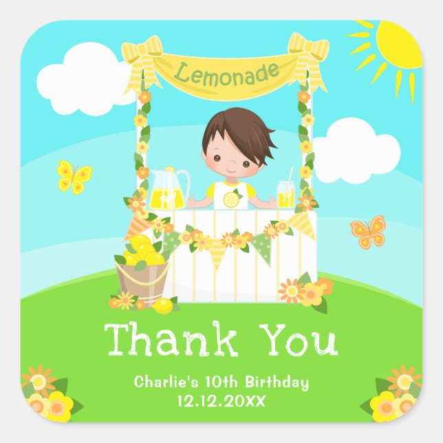 Lemonade Brown Hair Boy Birthday Thank You Square Sticker (Front)