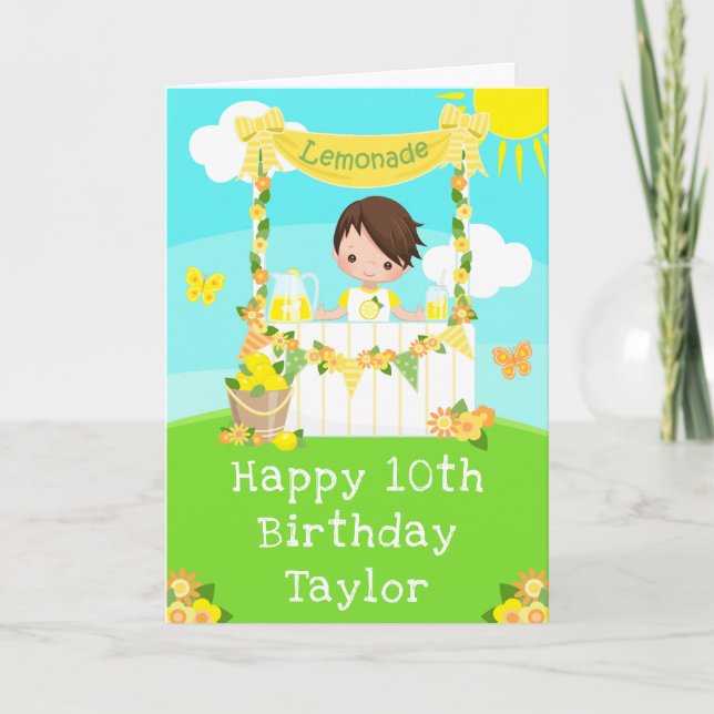 Lemonade Brown Hair Boy Happy Birthday  Card (Front)