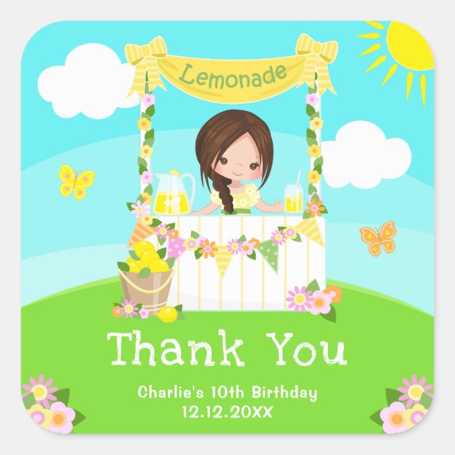 Lemonade Brown Hair Girl Birthday Thank You Square Sticker (Front)