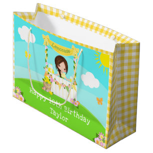Lemonade Brown Hair Girl Happy Birthday Large Gift Bag