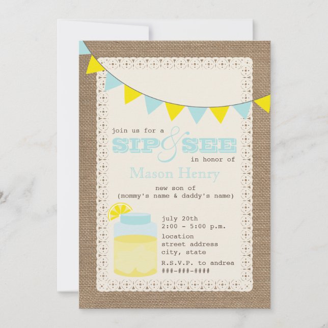 Lemonade Burlap Inspired Sip And See Baby Boy Invitation (Front)