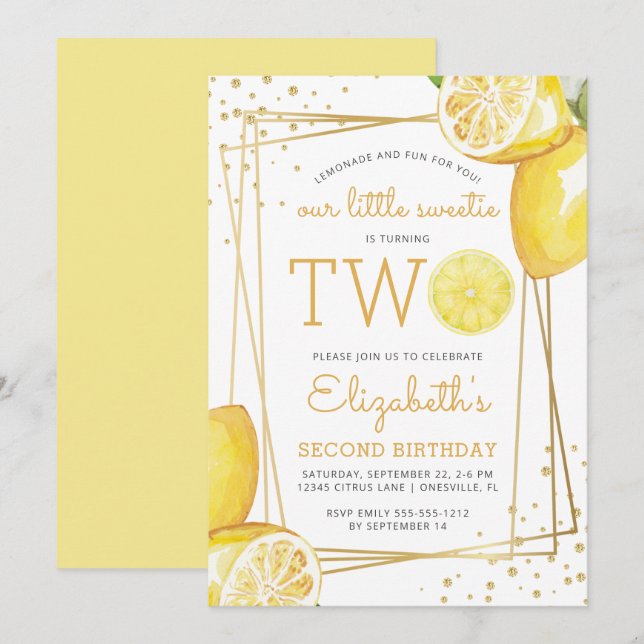 Lemonade Citrus Watercolor 2nd Birthday Party Invitation (Front/Back)