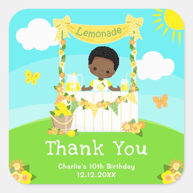 Lemonade Dark Skin Boy Birthday Thank You Square Sticker (Front)