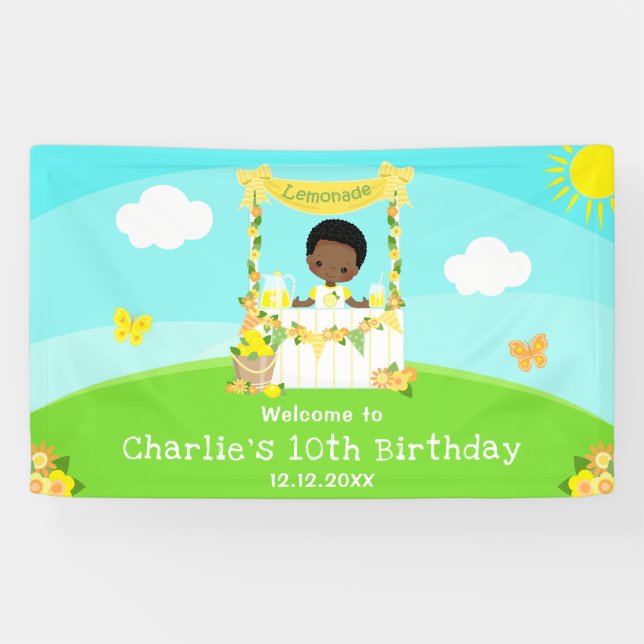 Lemonade Dark Skin Boy Birthday Welcome Banner (Horizontal)