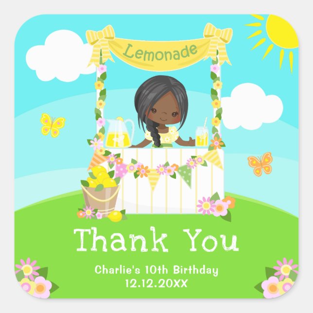 Lemonade Dark Skin Girl Birthday Thank You Square Sticker (Front)