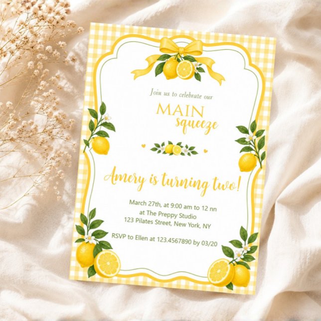 Lemonade Party Main Squeeze Lemon Birthday Invitation (lemon birthday invite, main squeeze invite, lemon invitation, lemonade birthday, citrus birthday inv)