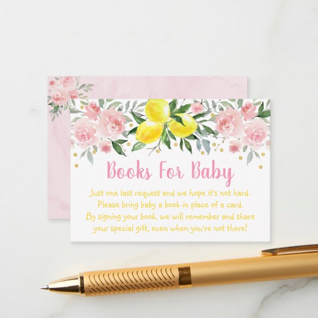 Lemonade Pink Gold Floral Baby Shower Book Request Enclosure Card (Front/Back In Situ)