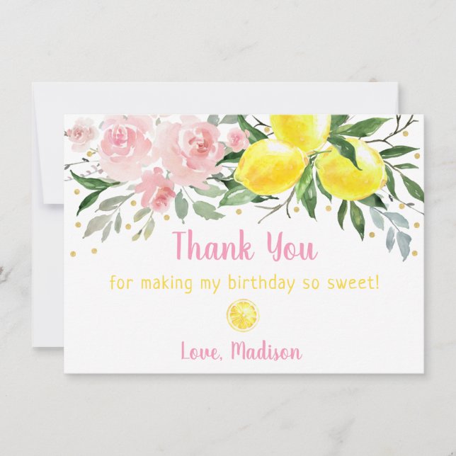 Lemonade Pink Gold Floral Birthday Thank You (Front)