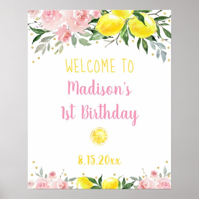 Lemonade Pink Gold Floral Birthday Welcome Poster (Front)