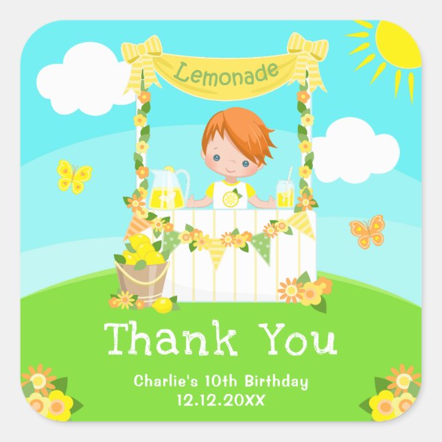 Lemonade Red Hair Boy Birthday Thank You Square Sticker (Front)