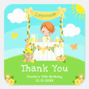 Lemonade Red Hair Boy Birthday Thank You Square Sticker