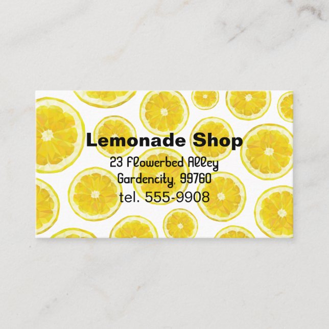 Lemonade shop business card. Yellow fresh fruit Business Card (Front)