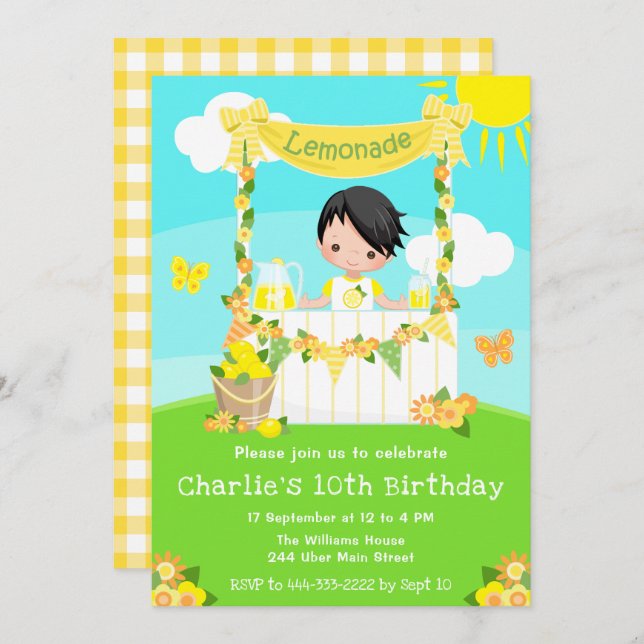Lemonade Stand Birthday Black Hair Boy Invitation (Front/Back)