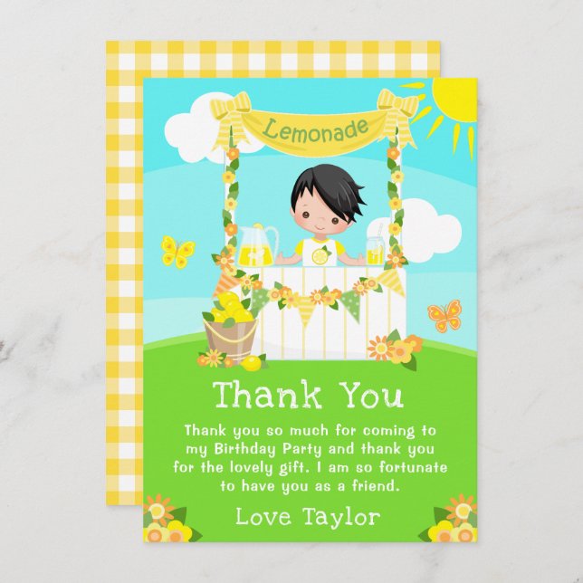 Lemonade Stand Birthday Black Hair Boy Thank You Card (Front/Back)