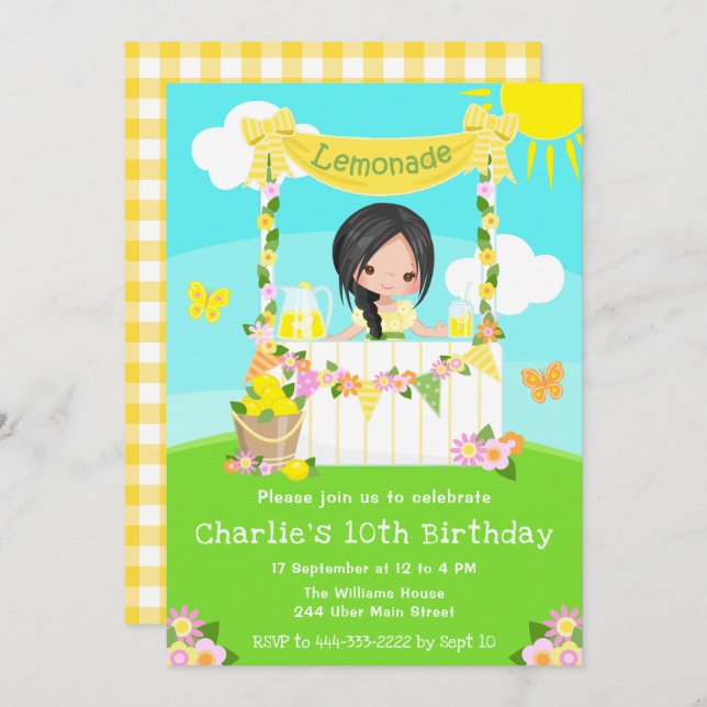 Lemonade Stand Birthday Black Hair Girl Invitation (Front/Back)