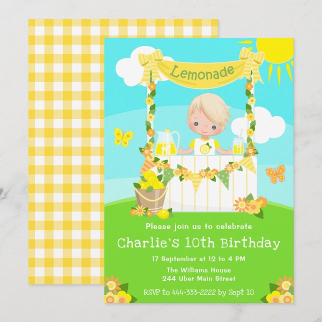 Lemonade Stand Birthday Blonde Hair Boy Invitation (Front/Back)