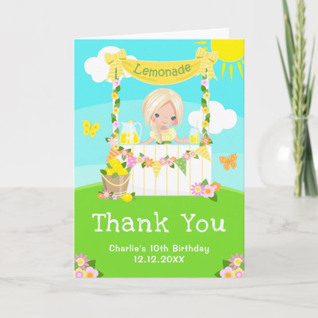 Lemonade Stand Birthday Blonde Hair Girl Thank You Card (Front)