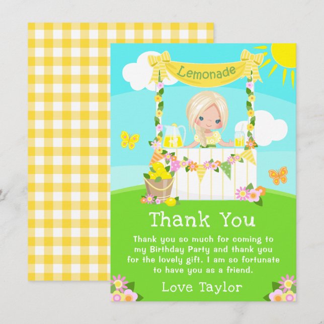 Lemonade Stand Birthday Blonde Hair Girl Thank You Card (Front/Back)