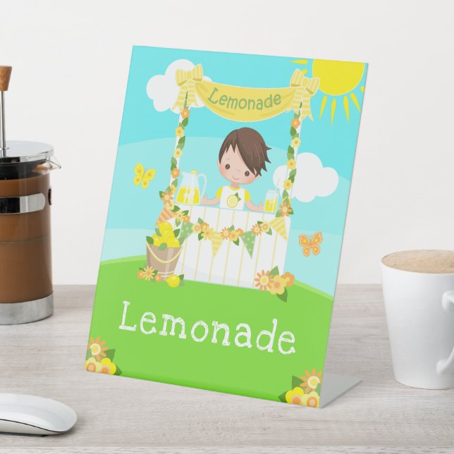 Lemonade Stand Birthday Brown Hair Boy Pedestal Sign (In SItu)